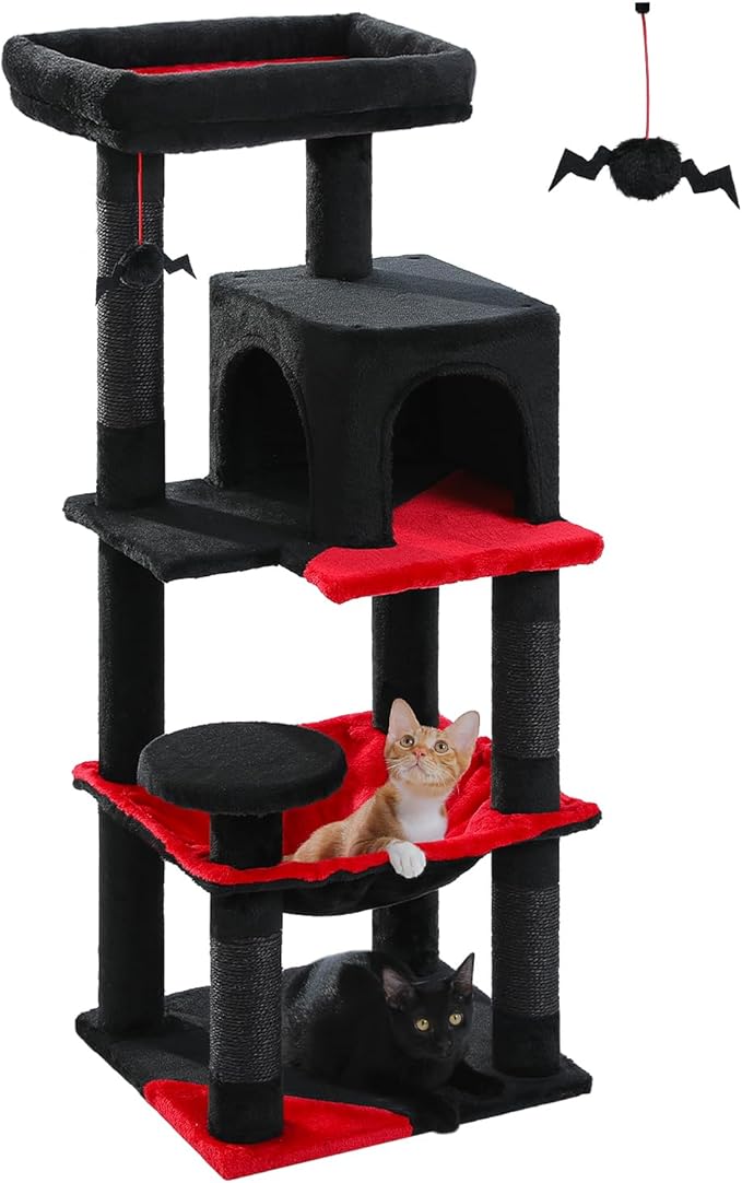 Gothic Cat Tree with Super Large Hammock, 45.7" Black Cat Tower with Coffin Bed, Cat Condo, Sisal Scratching Posts & Top Perch, Multi-Level Goth Cat Tree, Halloween, Black