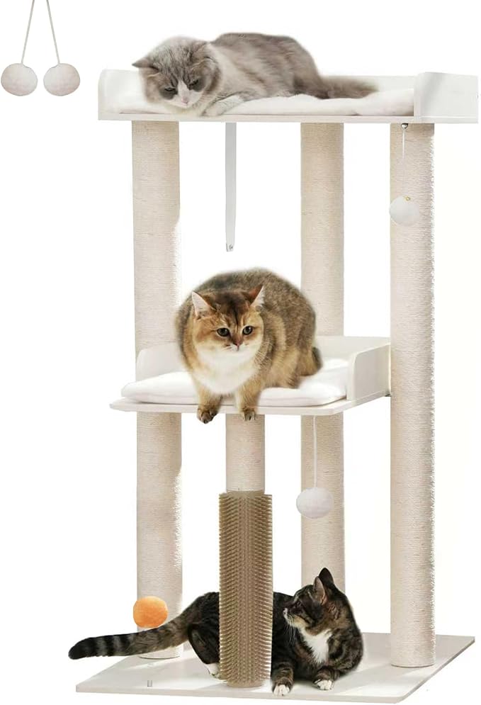 FourFurPets 43.7" Cat Tree, Modern Cat Tree Tower, Cat Tower for Indoor Cats Large Adult, Cat Condo with Scratching Post, Large Perch and Removable Pads, White