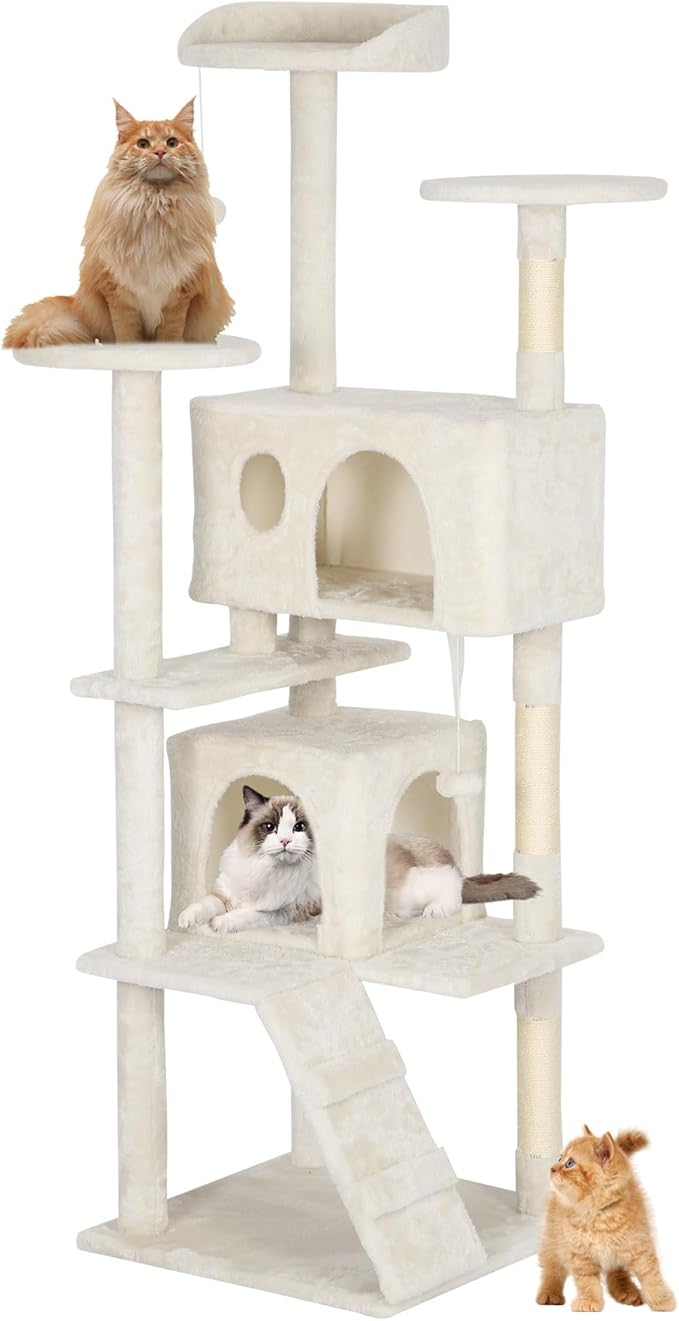 BestPet | 62" Cat Tree Tower | Beige | Sturdy, Easy to Assemble, Multi-Level Activity Center with Sisal Scratching Posts, Condos, Perches, Hanging Cat Toys, Observation Decks & Ladder