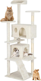 BestPet | 62" Cat Tree Tower | Beige | Sturdy, Easy to Assemble, Multi-Level Activity Center with Sisal Scratching Posts, Condos, Perches, Hanging Cat Toys, Observation Decks & Ladder