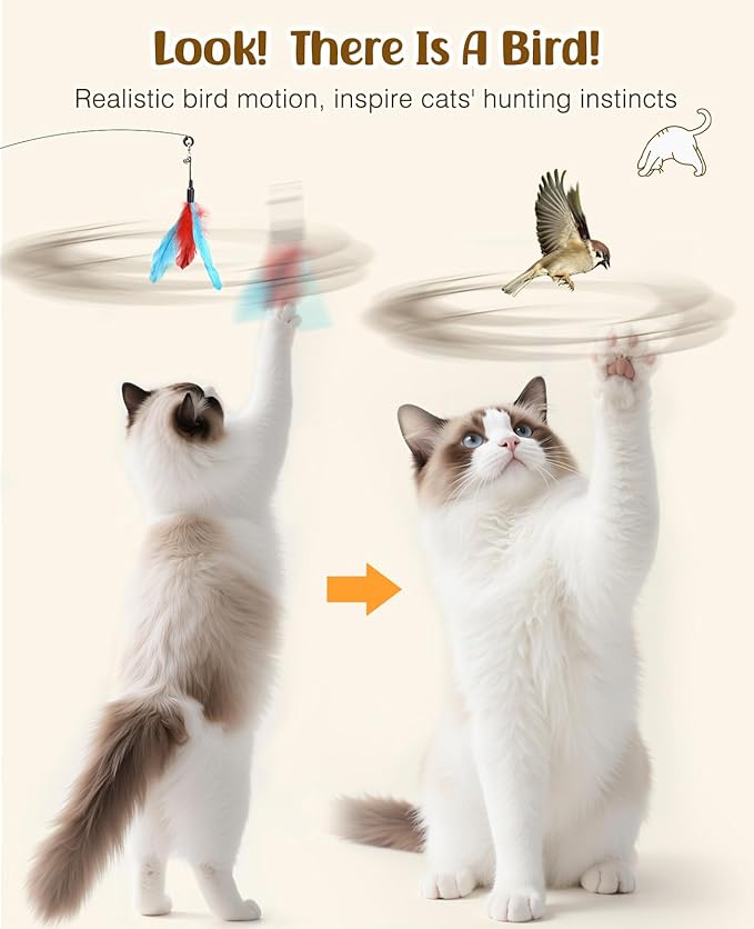 Pawaboo Feather Teaser Cat Toy, Interactive Feather Wand Cats Toy Flying Feathers Cat Catcher with Extra Long 34.5" Wand and Small Bell, Exerciser Playing Toys for Kitten or Cats, Blue + Red Brown