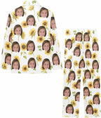 Artsadd Girls Pajamas Set Custom Face Pet Photo Long Sleeve Sleepwear Personalized Printed V-Neck Button-up Pants Nightwear