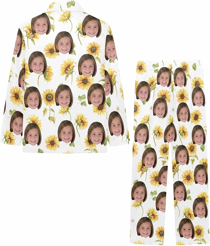 Artsadd Girls Pajamas Set Custom Face Pet Photo Long Sleeve Sleepwear Personalized Printed V-Neck Button-up Pants Nightwear