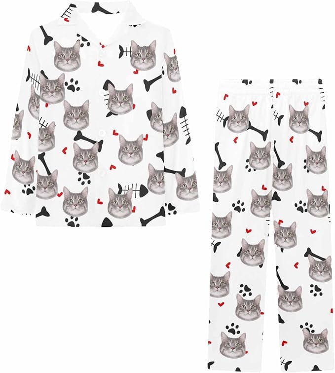 Artsadd Girls Pajamas Set Custom Face Pet Photo Long Sleeve Sleepwear Personalized Printed V-Neck Button-up Pants Nightwear