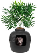 Good Pet Stuff Hidden Litter Box Planter, Decorative Cat Litter Enclosure with Carbon Filter, Artificial Plant, Easy Clean, Indoor Design, Original Round Style, Base Kit, Black Suede