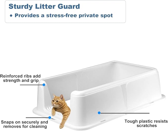 Cat Litter Box – Open Top Stainless Steel Large Litter Pan for Big Cats – High Sided Non-Stick Anti-Leakage – Easy to Clean with Scoop & Litter Mat (White)