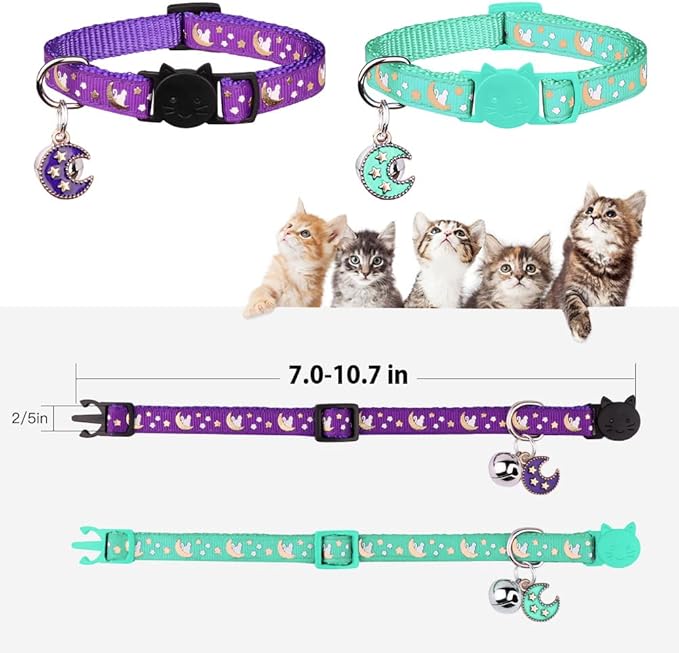2Pcs Breakaway Cats Collars Cat Collars for Boy & Girl Cats Adjustable Kitten Collars with Bell,Purple+Teal
