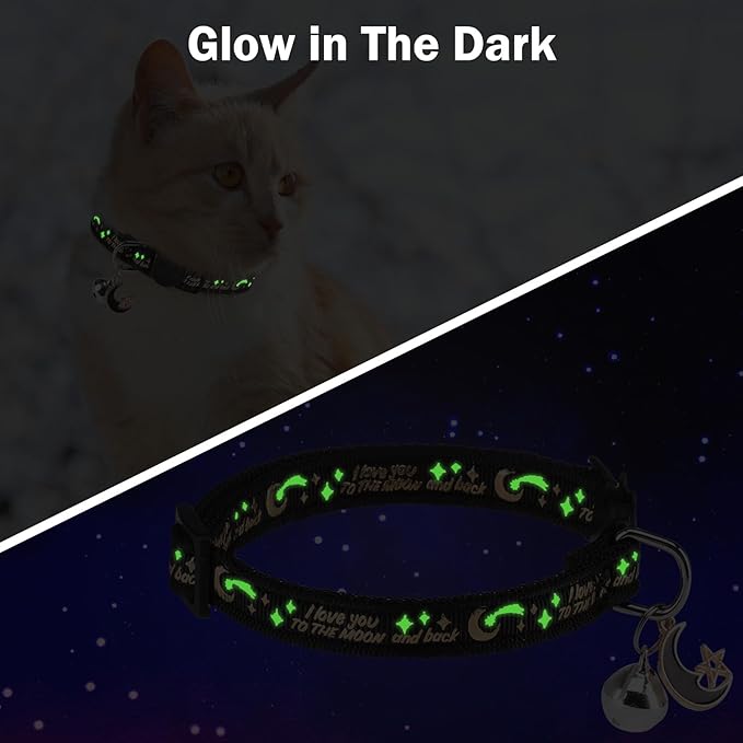 Cat Collar with Bells Breakaway, 3 Pack Moon and Star Cat Collar Reflective, Cute Kitten Collars with Pendant Glow in The Dark for Girl Boy Cats, 8"-12" Adjustable Safe Dog Puppy Kitty Collar
