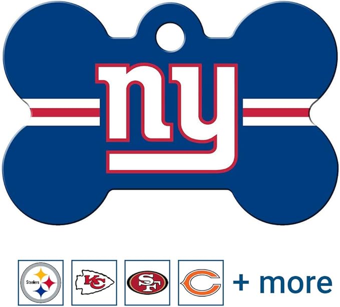 GoTags Personalized New York Giants Dog Tag, Brass Metal Bone Shape Pet ID Tag Engraved with Name and Custom Text, Every NFL Football Team Pet Apparel (Large)