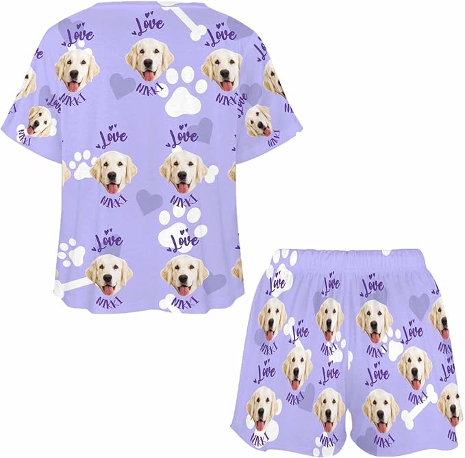 Custom Short Pajamas Set with Face Photo Women‘s Sleepwear Tee Personalized PJ Short Loungewear Set fot Her
