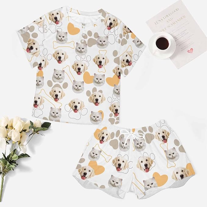 Custom Short Pajamas Set with Face Photo Women‘s Sleepwear Tee Personalized PJ Short Loungewear Set fot Her