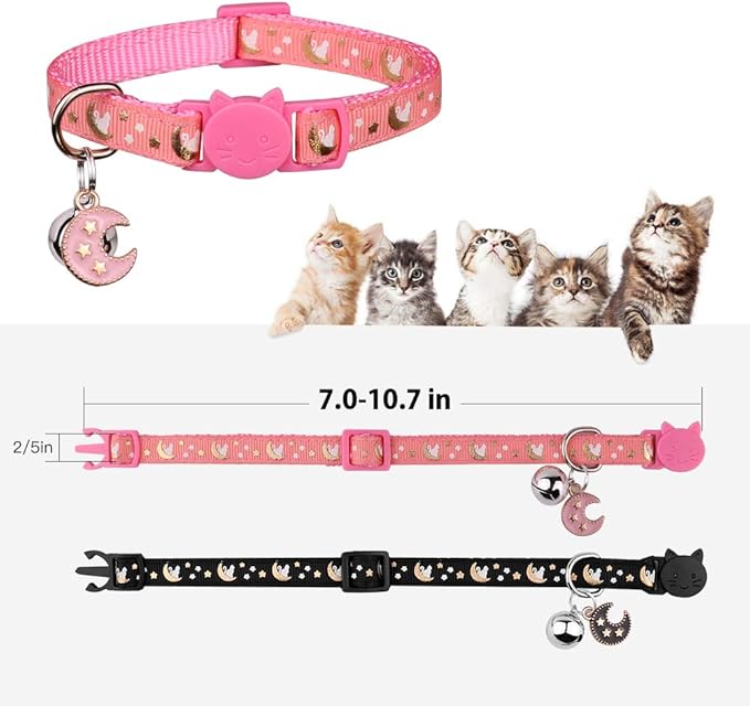 2Pcs Breakaway Cats Collars Cat Collars for Boy & Girl Cats Moons Adjustable Kitten Collars with Bell & Pendant Glow in The Dark,Black+Pink