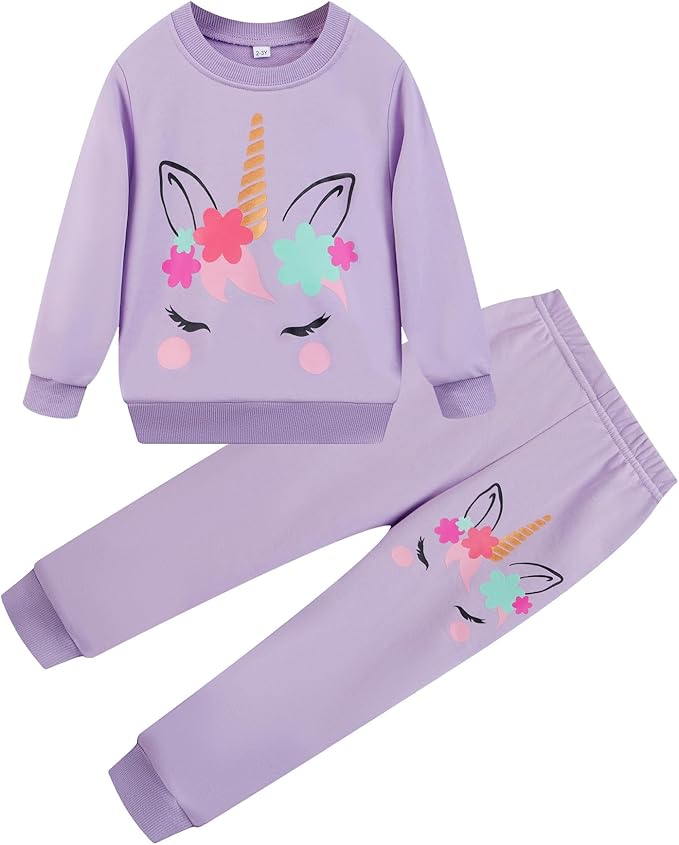 Little Girls Unicorn Outfits 2 Piece Kids Ruffle Sleeve Sweatshirt + Leggings Fall Leopard Clothing Sets 2-10 Years Old