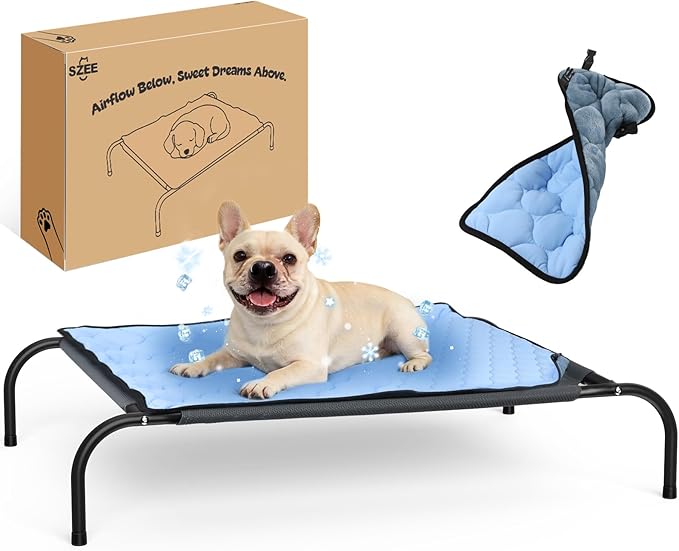SZEE Raised Dog Bed with Detachable 2-Sided Cooling/Warming Waterproof Mat, Elevated Dog Cot Bed for Medium Sized Breeds with Durable Steel Frame & Sturdy Teslin Mesh, Outdoor & Indoor All-Season Use