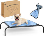 SZEE Raised Dog Bed with Detachable 2-Sided Cooling/Warming Waterproof Mat, Elevated Dog Cot Bed for Medium Sized Breeds with Durable Steel Frame & Sturdy Teslin Mesh, Outdoor & Indoor All-Season Use