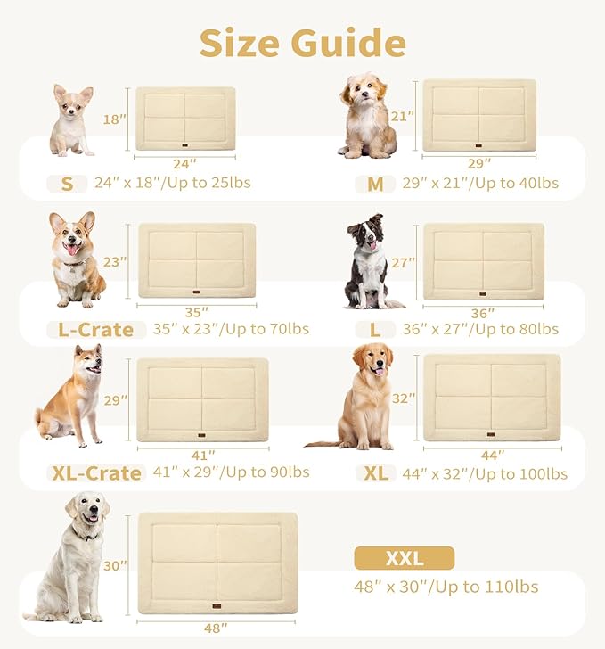 Made4Pets Dog Crate Pad Bed for Large Dogs, Washable & Reversible, Anti-Slip Kennel Mat for Cozy Sleeping, Soft Fluffy Dog Bed for Indoor & Outdoor Use, 41"x29", Beige