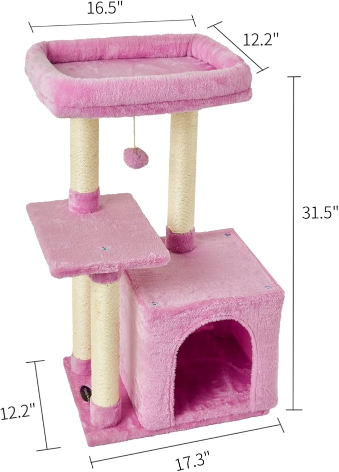 FISH&NAP Cute Cat Tree Kitten Cat Tower for Indoor Cat Condo Sisal Scratching Posts with Jump Platform Cat Furniture Activity Center Play House Pink