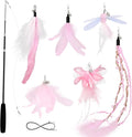 SONGWAY Cat Wand Toys for Indoor Cats - Cat Toy Set with Retractable Teaser Wand and 6 PCS Fairy Feather Toy Refills, Dragonfly Tassel Plush Cat Toys Interactive, Pink