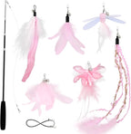 SONGWAY Cat Wand Toys for Indoor Cats - Cat Toy Set with Retractable Teaser Wand and 6 PCS Fairy Feather Toy Refills, Dragonfly Tassel Plush Cat Toys Interactive, Pink