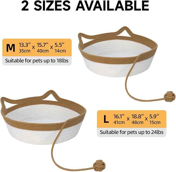 Cotton Rope Woven Cat Bed, Pet Sleeping Bed with a Playing Rope Ball, Foldable Sleeping Basket for Cats, Puppies, Rabbits and Small Pets (Large, Brown & Beige)
