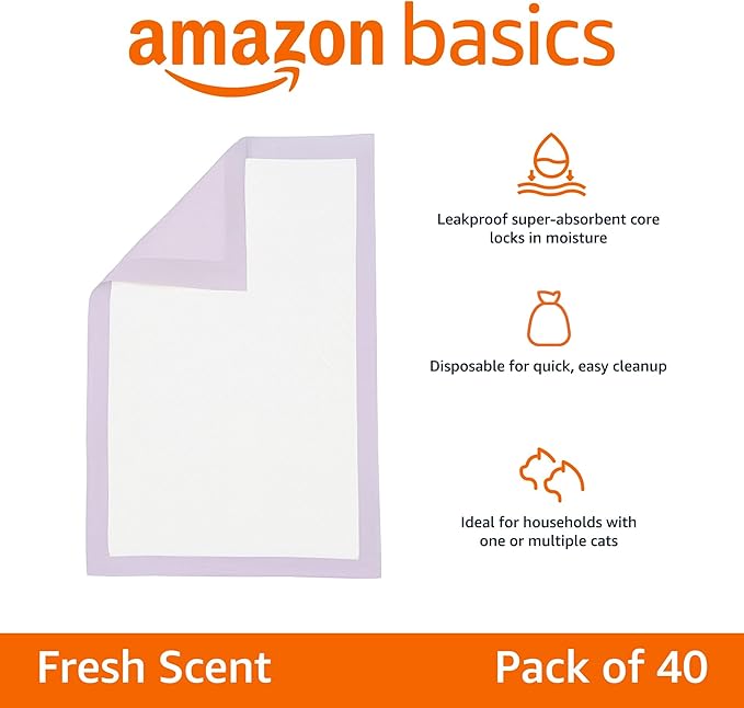 Amazon Basics Cat Litters Pee Pads, 40 Count, Universal Fit for Litter Box, Odor Control with Fresh Scent, Purple and White