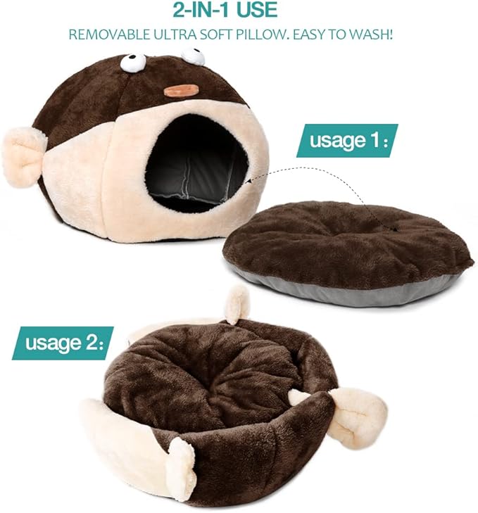 Cat Beds for Indoor Cats - Cat Bed Cave with Removable Washable Cushioned Pillow, Soft Plush Premium Cotton No Deformation Pet Bed, Lively Pufferfish cat House Design, Brown, Multiple Sizes