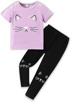 4-8T Toddler Girl Clothes Cat face print Short Sleeve Top+Pants Outfits Girl Spring and summer 2-Piece Set