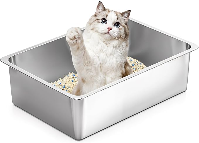 Kirecoo Stainless Steel Cat Litter Box, Large Metal High Sided Cat Pan Box, Indoor Litter Tray, Non Stick, No Smell, Easy to Clean, Pet Toilet Supplies for Cats