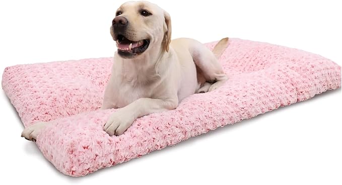 KSIIA Washable Dog Bed Deluxe Plush Dog Crate Beds Comfy Kennel Pad Anti-Slip Pet Sleeping Mat for Large, Jumbo, Medium, Small Dogs Breeds, 35" x 23", Pink