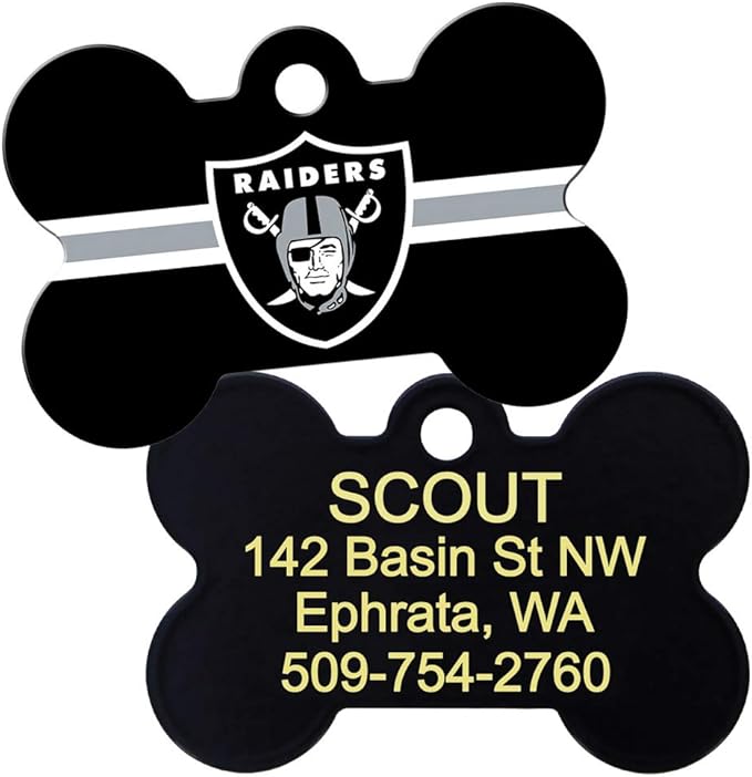 GoTags Personalized Oakland Raiders Dog Tag, Brass Metal Bone Shape Pet ID Tag Engraved with Name and Custom Text, Every NFL Football Team Pet Apparel (Large)
