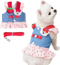 ANIAC Denim Dog Dress Harness with Leash Set Cute Small Dogs Clothes Girl Heart Patterns Puppy Dresses Breathable Mesh Cat Harness Leash Strawberry Chihuahua Yorkie Outfit (Pink Heart, XX-Large)