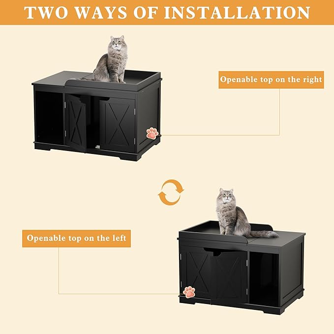 Flip Top Cat Litter Boxes Enclosure Covered Litter Box Hidden Furniture Wooden Cat Washroom Cabinet for Kitty, Medium and Large Cat Black