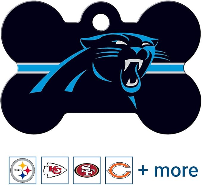 GoTags Personalized Carolina Panthers Dog Tag, Brass Metal Bone Shape Pet ID Tag Engraved with Name and Custom Text, Every NFL Football Team Pet Apparel (Large)