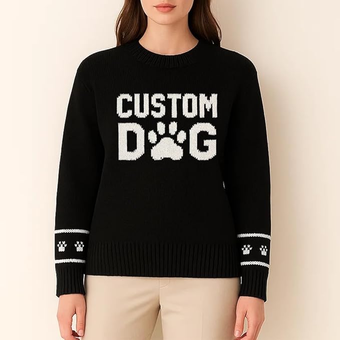 Custom Dog Knit Sweater for Women Personalized Pet Paw Print Pullover Dog Mom Gift Christmas for Pet Lovers