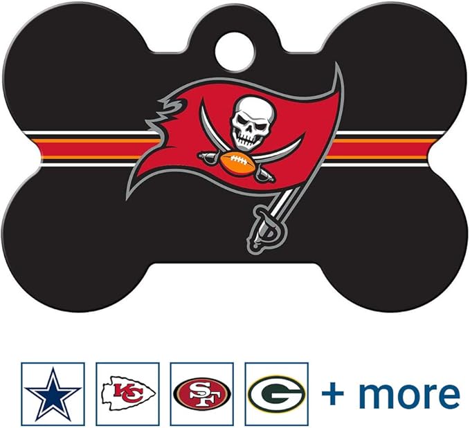 GoTags Personalized Tampa Bay Buccaneers Dog Tag, Brass Metal Bone Shape Pet ID Tag Engraved with Name and Custom Text, Every NFL Football Team Pet Apparel (Large)