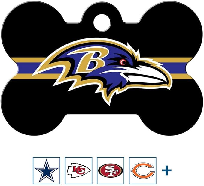 GoTags Personalized Baltimore Ravens Dog Tag, Brass Metal Bone Shape Pet ID Tag Engraved with Name and Custom Text, Every NFL Football Team Pet Apparel (Large)