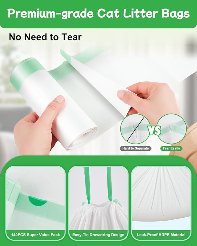 140 Count Cat Litter Box Liners Compatible with Litter Box Robot 4/3 and Automatic Litter Box, Thick 10-12 Gal Waste Drawer Liners Bags with Strong Ties, Pre-separated for Easy Use,25.2"x15.7"