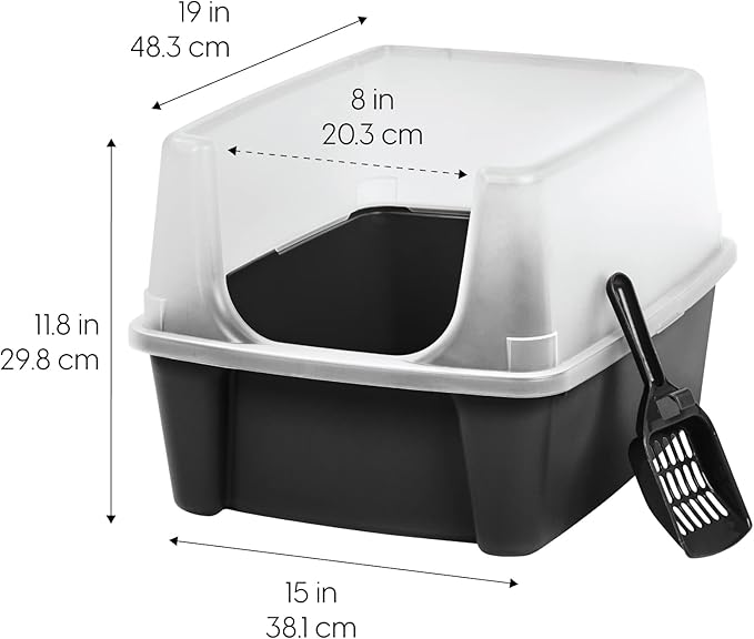 IRIS USA 2 Pack Large Open Top Cat Litter Box with High Sides, Scatter Shield & Scoop, Black, for Indoor Cats, Kittens or Multicat Homes