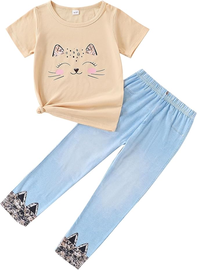 4-8T Toddler Girl Clothes Cat face print Short Sleeve Top+Pants Outfits Girl Spring and summer 2-Piece Set