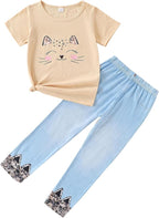 4-8T Toddler Girl Clothes Cat face print Short Sleeve Top+Pants Outfits Girl Spring and summer 2-Piece Set