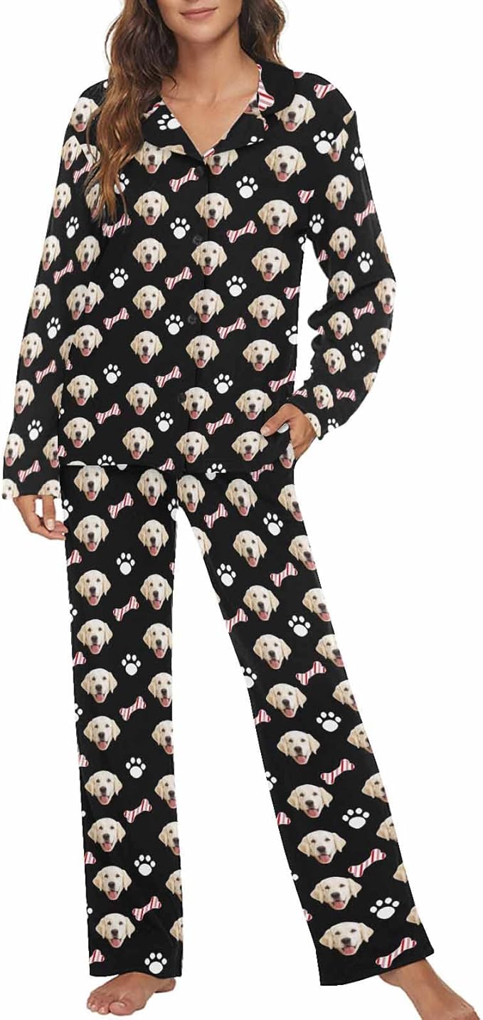 MyPupSocks Custom Face Pajamas for Women Set, Personalized Photo Long Sleepwear XS-XXL