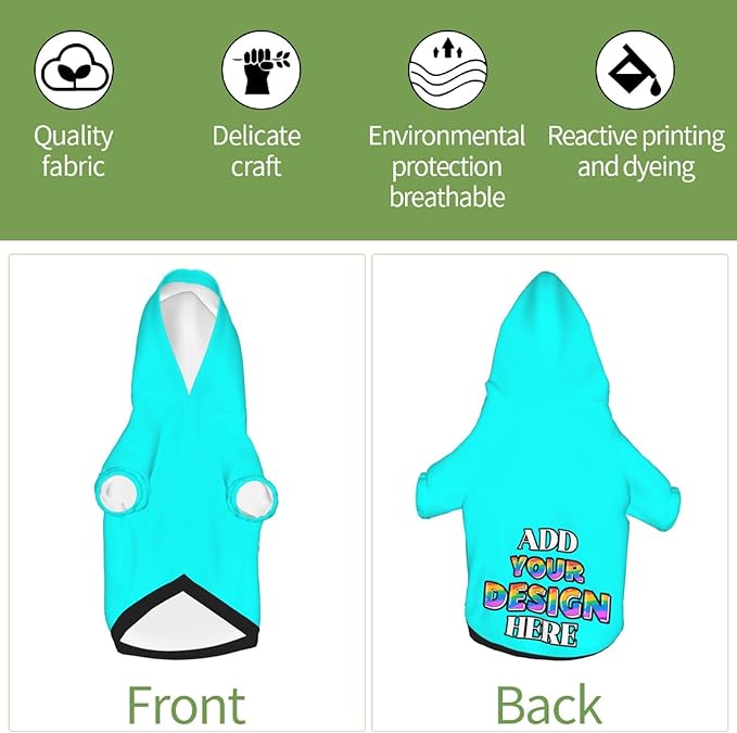 Custom Dog Hoodie for Small Pets, Personalized Photo Text Pet Warm Pullover Sweatshirt with Name Number, Customized Gifts Soft Hooded Cats Kitten Clothes, Cyan, M,