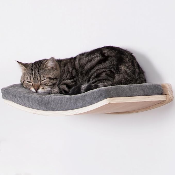 Curved Cat Shelves and Perches, Floating Cat Wall Bed with Comfortable Cushion