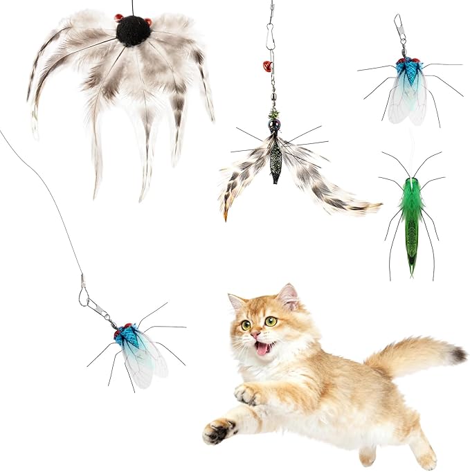 Interactive Cat Toy Bug Toys for Cats 4 Realistic Flying Bugs Cat Wand (4PC Insects Refills)