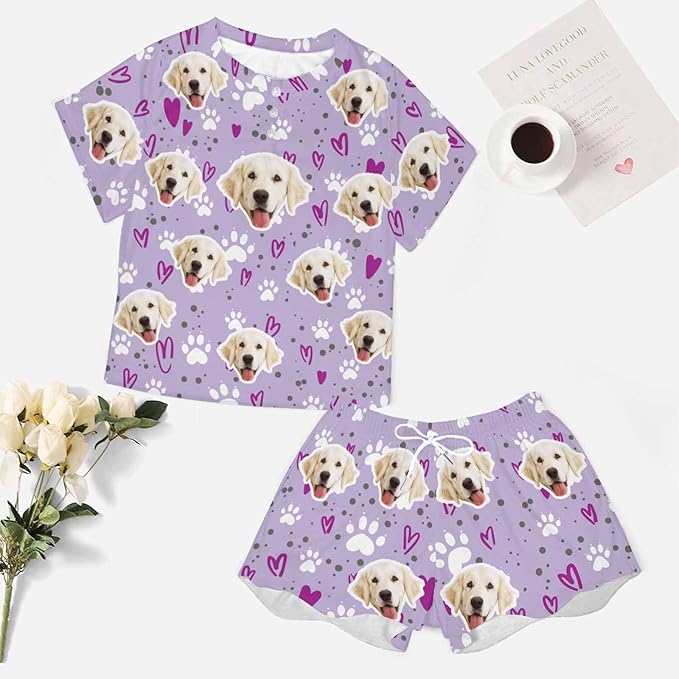 D-Story Custom Short Pajama Set with Pet Face Personalized Photo Sleepwear 2 Pieces Pjs Nightwear Xmas Gift for Women