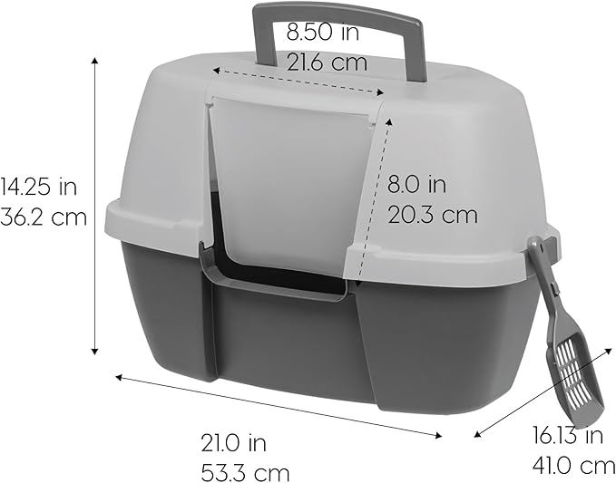 IRIS USA Corner Cat Litter Box Enclosure with Scoop, Small Cat Litter Box with Lid, Corner Litter Box Enclosure for Kittens to Medium Sized Cats, Odor Defensive Hooded Litter Tray, Dark Gray