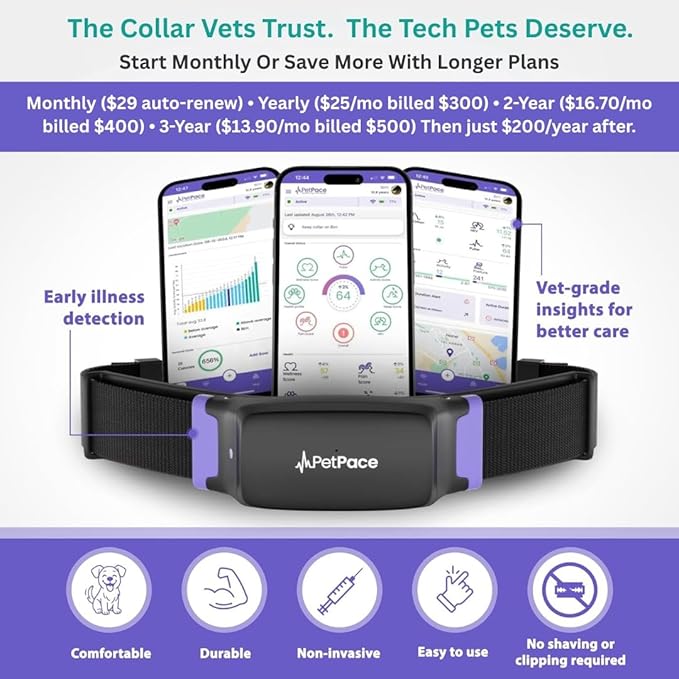NEW Dog Health Monitor V3.0 by PetPace – AI Smart Collar with 24/7 Vital Signs, Pain & GPS Tracking, Telehealth AskaVet & Share With Your Vet, Smartwatch Sync – Subscription Required (Small)