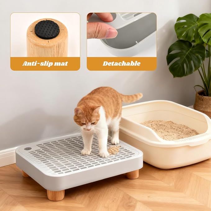 Litter Box Step with Litter Shovel, Box Ramp/Catcher with Wooden Base, Easy Cleaning with Filter Function Ideal for Cats Pedal Stool Kitten & Elderly Cats (Color:Grey)