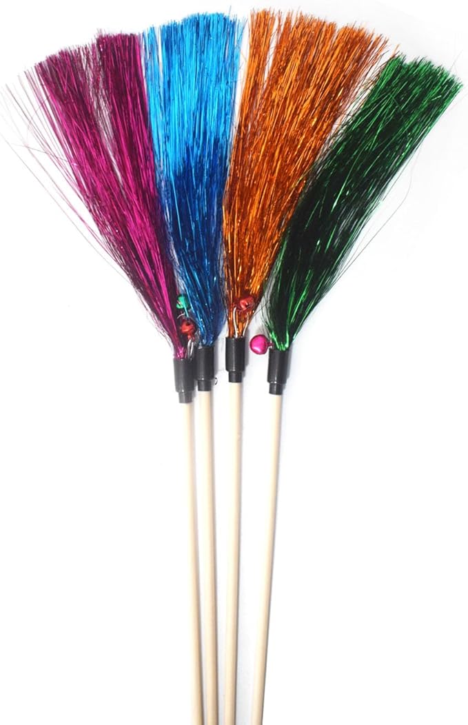 IUHKBH Tinsel Cat Wands 4 PCS Shiny Teaser Wands with Bell Vibrant Wooden Cat Stick for All Breed Size