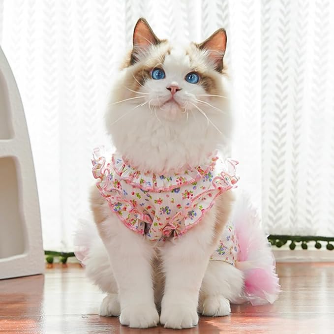 Floral Puppy Dress with D-Ring Ruffled Small Dog Clothes Female Spring Cat Outfit Sleeveless Pet Princess Skirt Cute Dogs Tutu Dresses (Pink, X-Large)